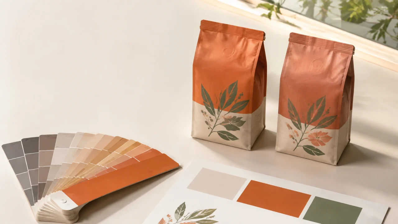 自然光工作桌上两批食品包装样品与纸质颜色参照并排比较