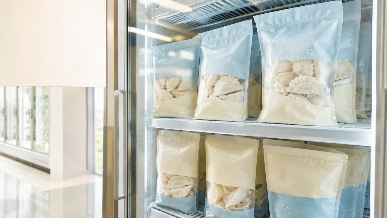 明亮商店冷柜中带轻微水汽反光的蓝白食品包装场景